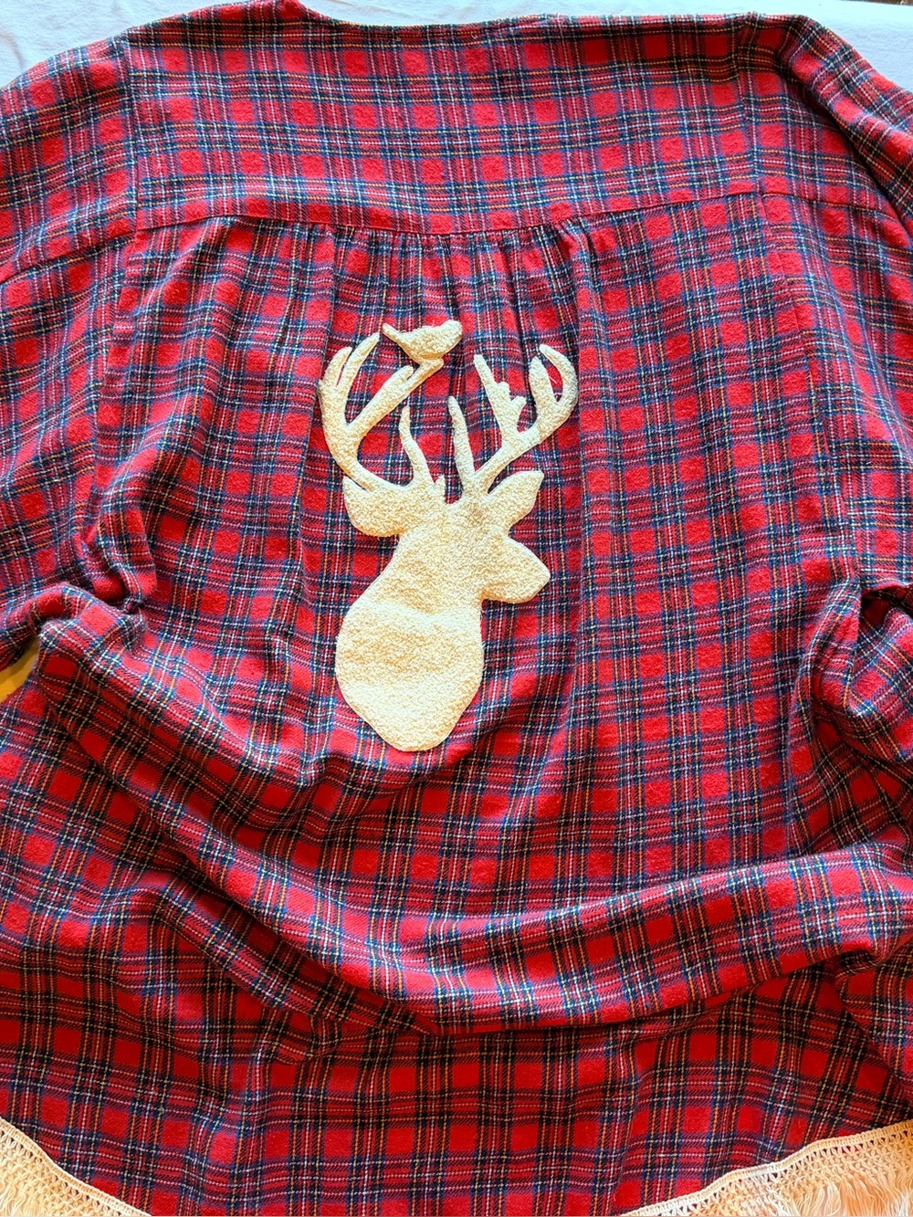 Judith March Red Plaid Kimono like  Top with Cream Deer Applique